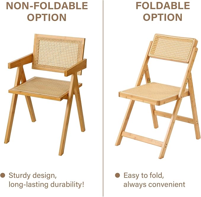 Rattan Folding Chairs, Modern Mid Century Dining Chairs Set of 2, Outdoor Bamboo Chair for Bedroom Living Room Reading Room Dining Kitchen, Wood