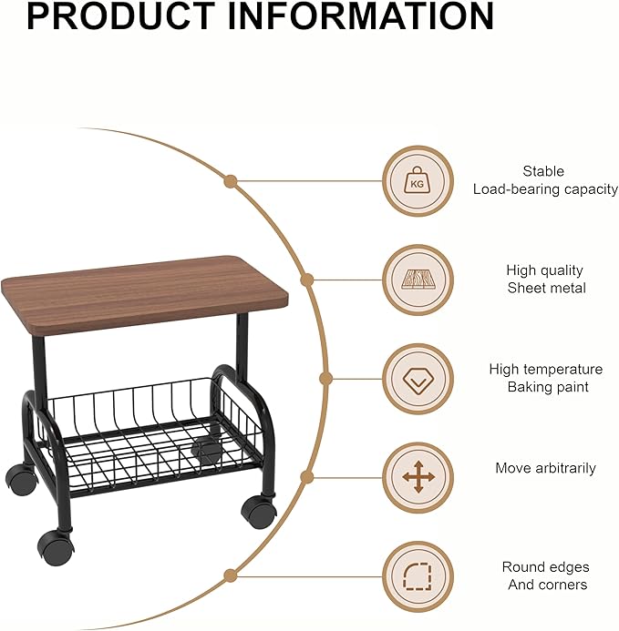 16.92"* 11.81" Small Side Table with Storage, Modern Mid-Century 2 Tier End Table, Sturdy Metal Frame and Storage Shelf, Movable Accent Table for Any Room Style, Modern Country Style, Brown and Black