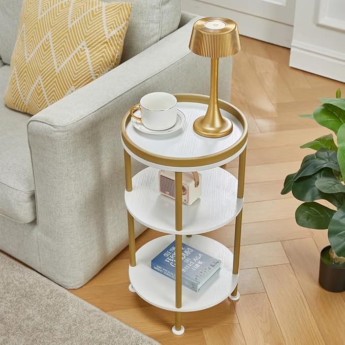 Small Round Side Table, Gold Round End Table with White Shelves, 3-Tier Modern Nightstand for Bedroom & Living Room, 21.7" H Narrow Gold Accent Table for Small Spaces, Dorm, Nursery (White & Gold)