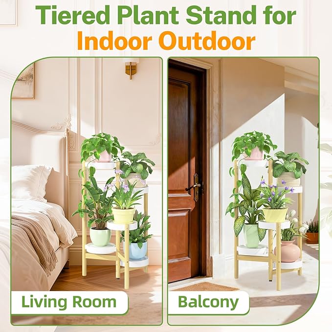 iDavosic.ly 5 Tier Bamboo Plant Stand Indoor Outdoor with Plastic Tray, Tiered Corner Flower Holder Shelf, Space Saving Orchid Display Rack for Patio Porch Living Room Garden Balcony, Natural White