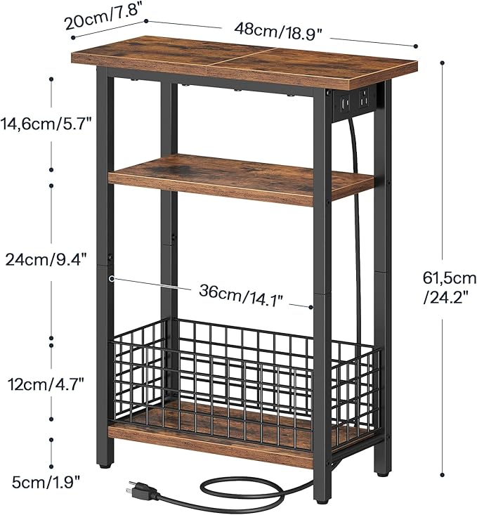 HOOBRO Narrow Side Table with Charging Station and LED Light, Set of 2, Small End Table with Storage, Skinny Nightstand Slim Bedside Table for Small Spaces, Living Room, Rustic Brown BF242UDBZP201