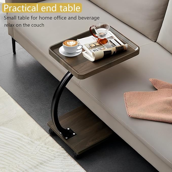 C Table End Table,360°Swivel TV Tray Table for Small Spaces, Couch Tables That Slide Under, C Shaped Side Tables with Wheels for Living Room and Bedroom, Bed,Chair, Snack Table