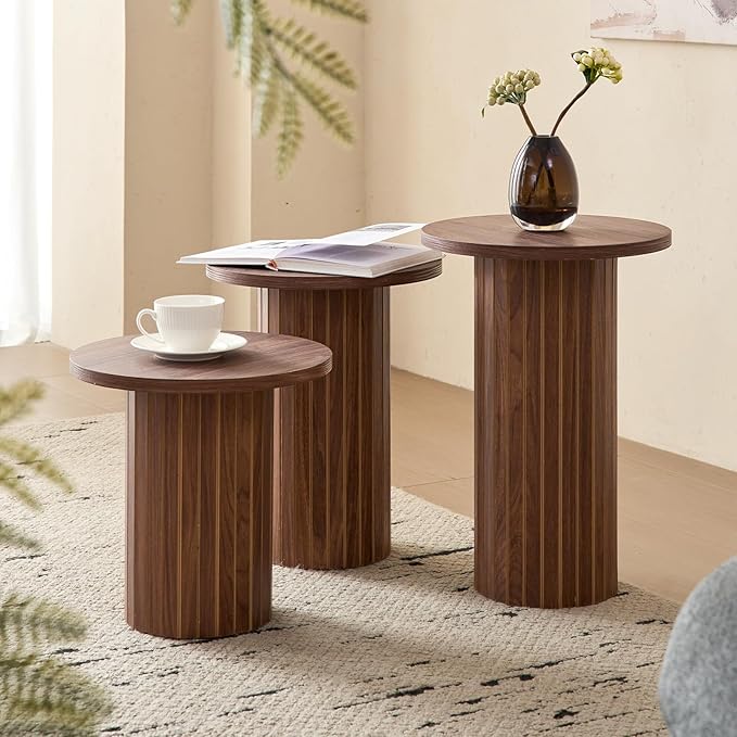 3-Piece Nesting Coffee Table Set, Modern Small Round Wood Side Tables, Fluted Drum Base, for Living Room Bedroom Apartment Small Space, Brown