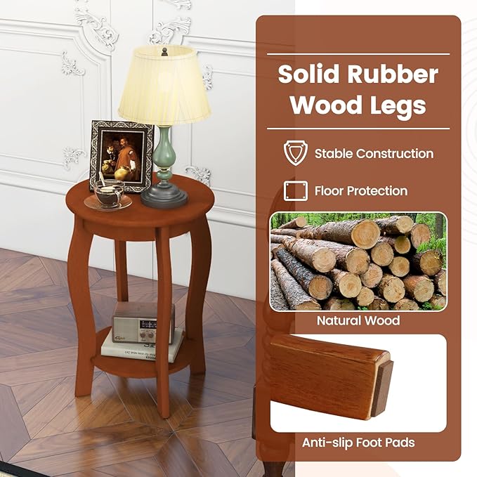 Giantex Round End Table, Wooden Side Table with Storage Shelf, Small Nightstand with Solid Wood Legs, 2-Tier Accent Table for Living Room Bedroom (1, Walnut)
