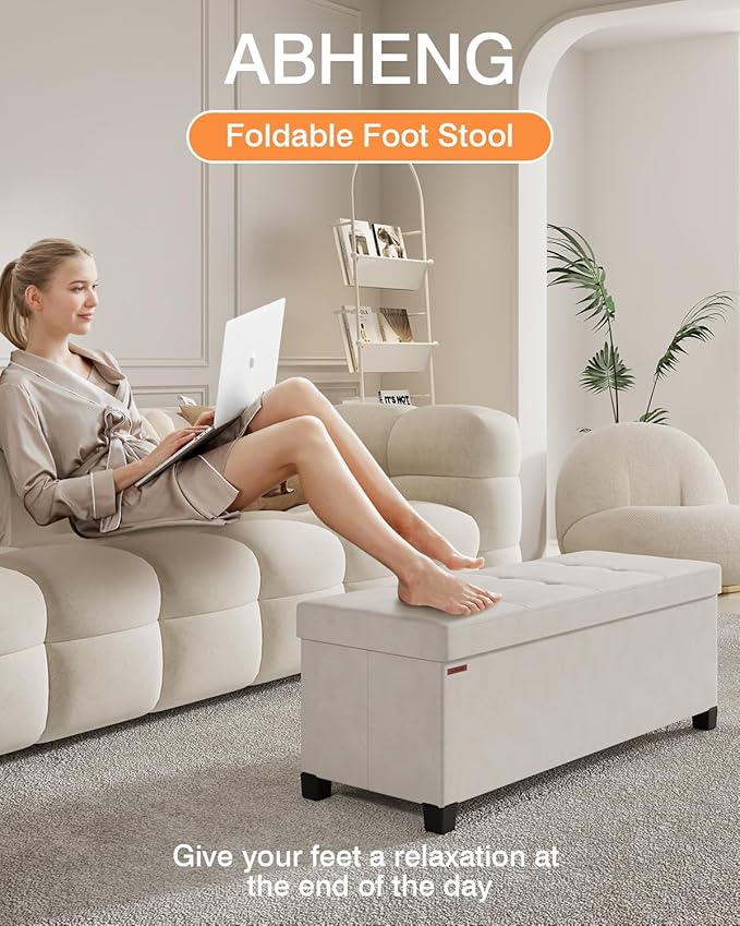 Foldable Storage Ottoman Bench, Velvet Footrest and Seat Cube with Feet, Storage Chest, for Living Room, Bedroom and Office, 15 x 43 x 15.7 Inches, Cream White, UASND24W
