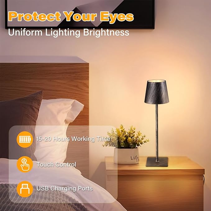 2 Pack Cordless Table Lamps, 3 Colors Stepless Dimming, 5000mAh Rechargeable Battery LED Desk Lamp for Bedroom/Couple Dinner/Desk/Cafe/Dining Room/Terrace(Antique Copper)