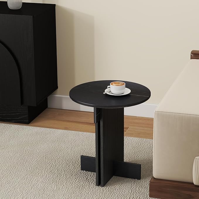 Wooden Round Side Table, Small Drink End Table, Cocktail Table, Modern Accent Night Stand with Wooden Base, Plants Stand for Living Room/Bedroom, Corners, Office, Small Space, Black