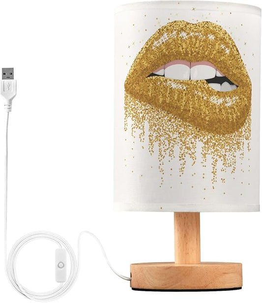 Table Lamp Gold Glitter Lip Paint Flow on White Nightstand Lamp with Wood Base Fabric Lamp Shade Bedside Desk Lamp for Living Room Bedroom Kids Room Office