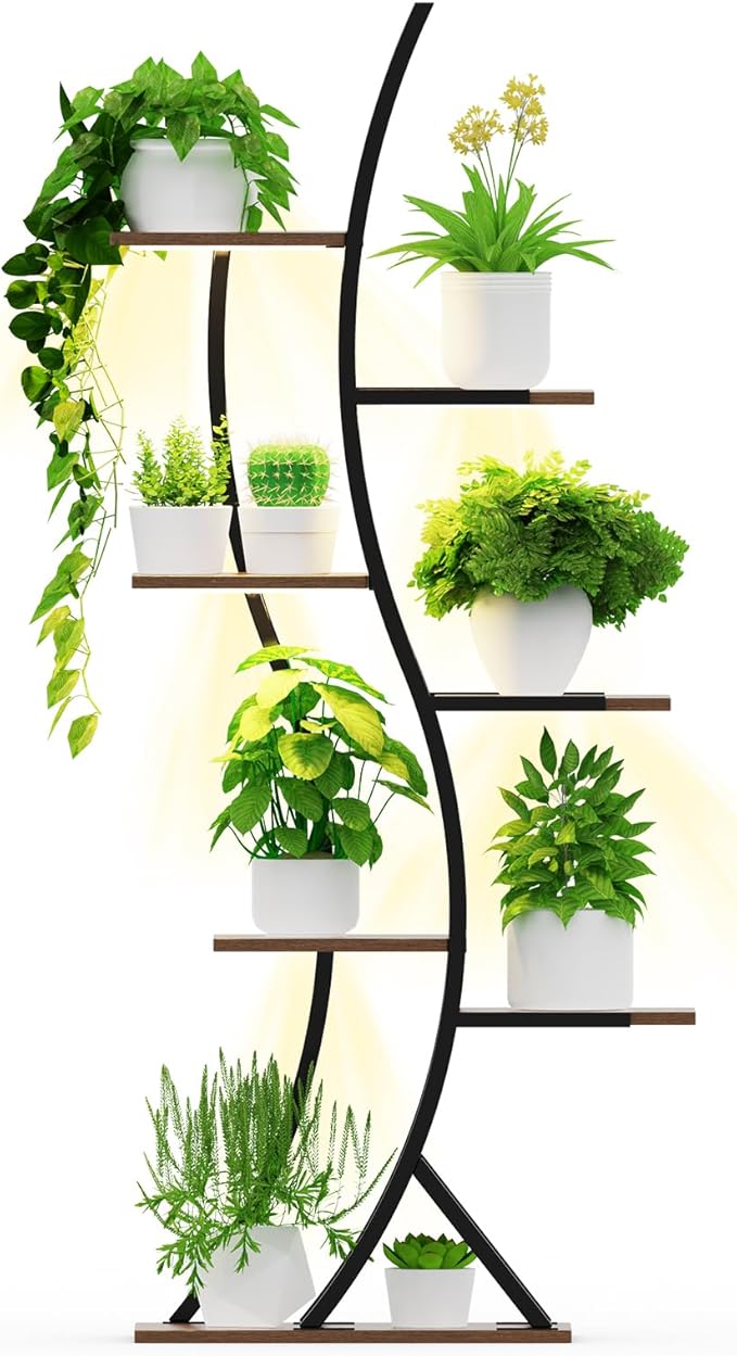 Indoor Plant Shelf Featuring Grow Lamp, 60.24" High 7-Tier Exhibition Unit, S-Curve Corner Design for Floral and Foliage Showcase in Living Area, Patio, Balcony Décor