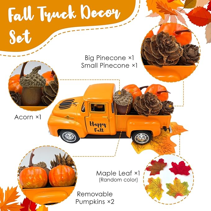 Thanksgiving Fall Decorations Indoor Farmhouse Vintage Metal Truck with Mini Fake Pumpkins Acorn Pine Cones Harvest Decor for Fall Tiered Tray Thanksgiving Centerpieces for Table Home Kitchen Party