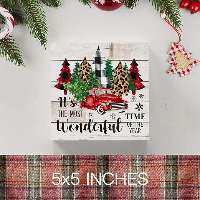 Rustic Winter Merry Christmas Tree Wood Box Sign, It's the Most Wonderful Time of the Year Truck Farmhouse Christmas Santa Artwork Decor, Home Shelf Office Decoration 5 x 5 Inches