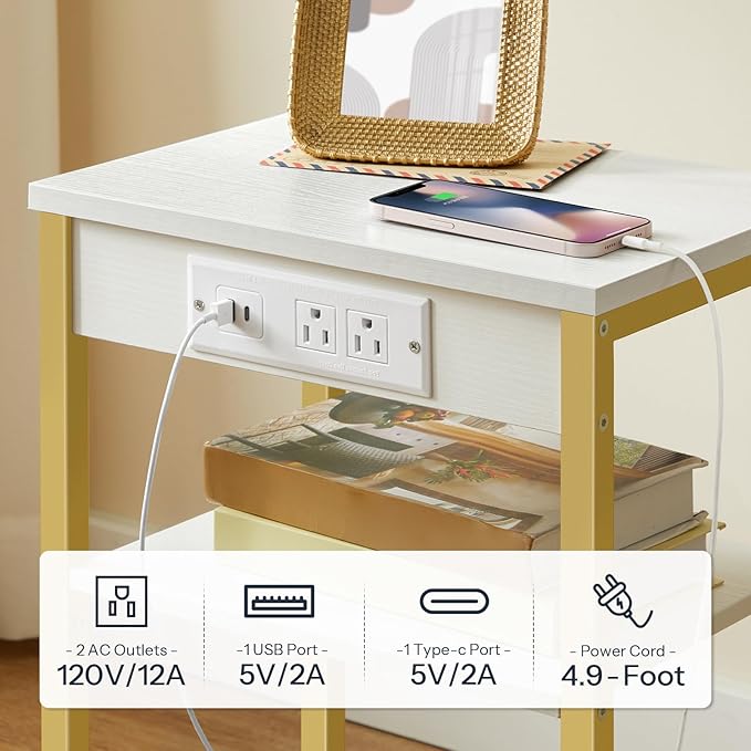 HOOBRO End Table with Charging Station and USB Ports, 3-Tier Nightstand with Adjustable Shelves, Small Side Table for Small Space in Living Room, Bedroom and Balcony, White and Gold DW112BZ01G1