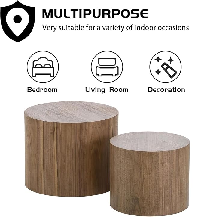 Small Coffee Table Nesting End Table Set of 2, Round Coffee Table Wood Side Table Circle Accent Tables for Small Spaces Living Room Bedroom Balcony Office, Walnut