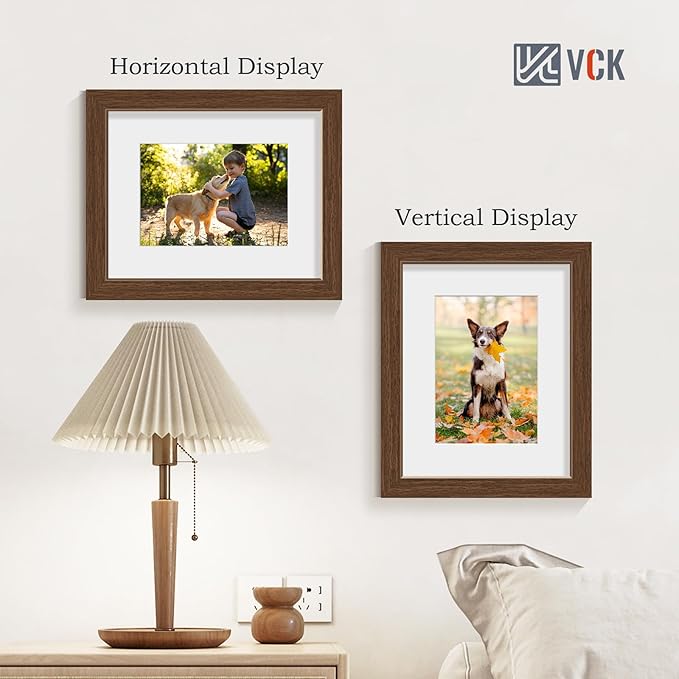 VCK 8x10 Picture Frame 2 Pack - Brown, High-End Wood Poster Frames with Tempered Glass, Display 5x7 Photo with Mat or 8x10 without Mat, Art Gallery-Quality, Wall Hanging/Tabletop, Brown