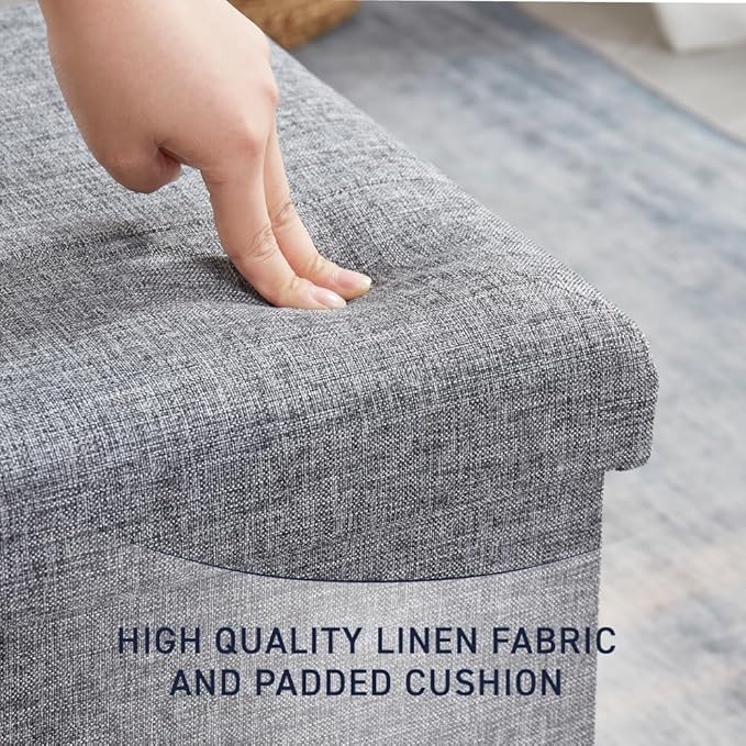 Ornavo Home Foldable Tufted Linen Storage Ottoman Square Cube Foot Rest Stool/Seat - 15" x 15" x 15" (Grey)