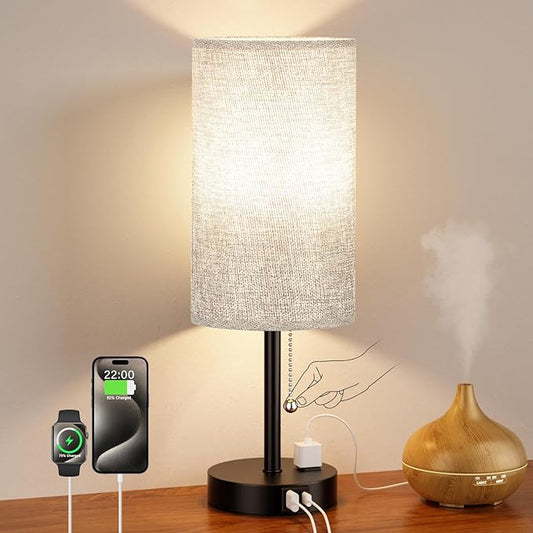 17.4Inches Grey Bedside Lamp for Bedroom Nightstand - Tall Table Lamp with USB A + C Charging Port & AC Outlet, 3 Color Temperatures Pull Chain Light, Side Table Desk Reading Lamp for Living Room