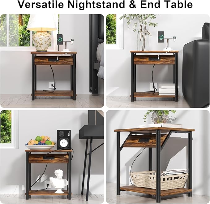 Night Stands Set of 2, Small End Tables with Charging Station, Small Side Tables for Living Room, Bedside Tables with 2-Tier Storage Shelf, Nightstand with Outlets and USB Ports, Rustic Brown/Black