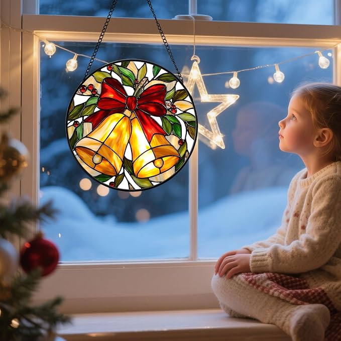 Christmas Stained Glass Window Hanging Sun Catcher, Christmas Bell Suncatcher with Red Bow for Window Ornament, Festive Wall Art Decor Gift for Women, Men (Golden Bell, 9'')