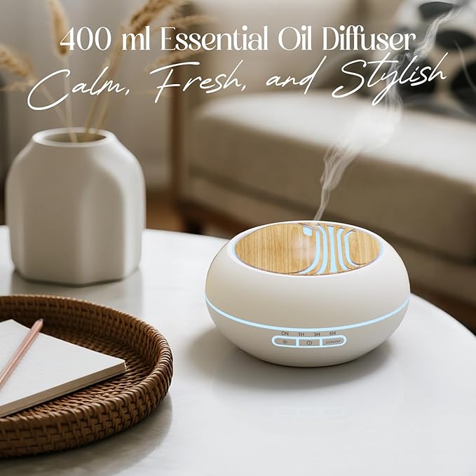 SALKING Essential Oil Diffuser 400ml, Diffusers for Essential Oils with 2 Mist Mode, Aromatherapy Diffuser Cool Mist Humidifier with 7 LED Night Light, Timer & Auto-Off, Large Room Diffuser (White)
