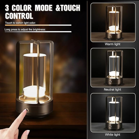 Portable Metal Table Lamp,Cordless Table Lamp, Rechargeable Battery Operated Lights, LED Table Lamps, 3 Color Stepless Dimming Touch, for Bedroom Restaurant Home Outdoor (Sliver)