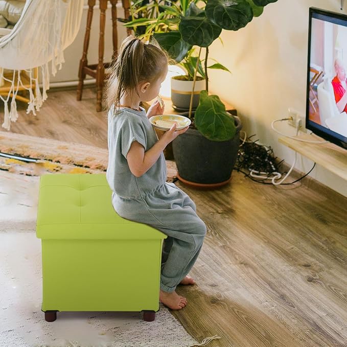 Storage Ottoman, Ottoman with Storage for Living Room Ottoman Square Tray Bedroom Cube Foot Rest Stool with Legs Small Ottomans Coffee Table Lid Foldable Footstool Faxu Leather 15" in (Green)