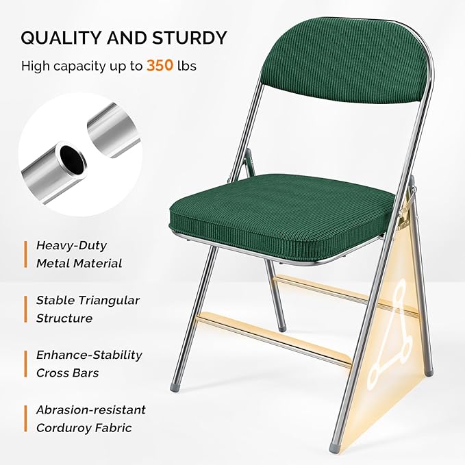 VINGLI 6 Pack Folding Chairs with Padded Seat & Backrest, Metal Frame, Durable Corduroy Fabric, 350 lbs Capacity, Set of 6, Olive Green – Ideal for Weddings, Parties, Office Events