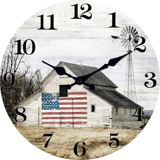 XFM Farmhouse Wall Clock 16 Inch Rustic Barn Wooden Clocks Silent Non-Ticking Battery Operated Country Landscape Small Round Clock for Living Room Kitchen Bedroom Office