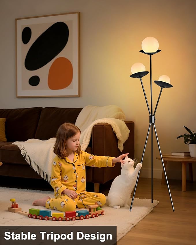 Lightdot Tripod Floor Lamp Dimmable Globe Floor Lamps with 3 LED Bulbs, 3000K Soft Warmwhite Mid Century Modern Standing Lamps Black Tall Lamp for Living Room Bedroom