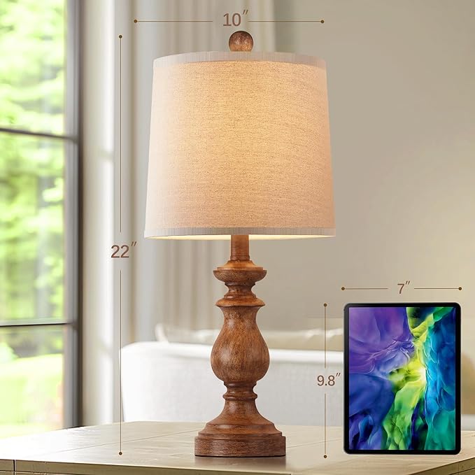 PARTPHONER Traditional Table Lamp Set of 2, Rustic Farmhouse Table Lamps for Living Room Bedroom, 22" Bedside Desk Lamps Vintage Nightstand Lamps with Linen Shades, Wood Grain