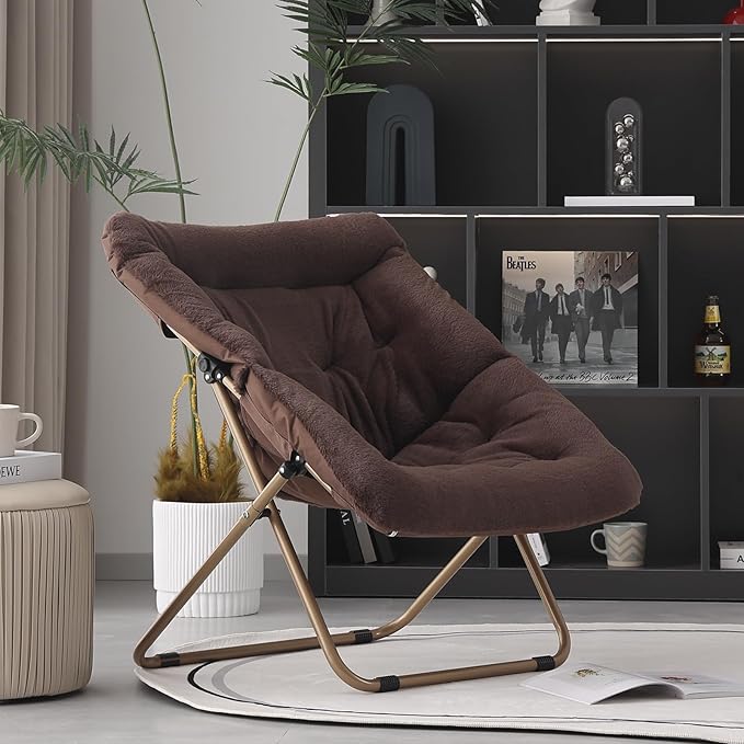Saucer Chair, Comfy Bedroom Chairs, Oversized Folding Faux Fur Chair, Foldable Metal Frame Chair for Bedroom, Living Room, Balcony, Patio, Study, Playroom (Coffee)