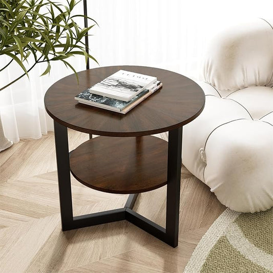 LEEMTORIG Round Side Table, Large 2-Tier End Table Nightstand with Metal Legs, Modern Bedside Couch Table for Living Room, Bedroom, Office, Rustic Brown/Black, 25.2 x 25.2 x 24 inches CJZ-1338-NC