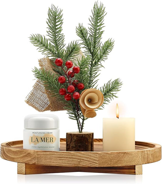 Decorative Round Wood Tray for Bathroom Counter Kitchen Decor Trays Wooden Riser Small Coffee Dining Table Tray Vanity Bathroom Sink Accessories for Soap Perfume Trays Countertop Candle Pedestal Stand