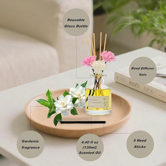 Reed Diffuser Essential Oil Set - Gardenia Fragrance Air Freshener (4.4 Fl Oz) for Home, Bathroom, Bedroom, Office Decor