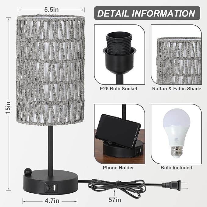 Touch Bedside Lamp For Bedroom with Bulb, Gray Boho Small Table Lamp For Living Room With Rattan & Linen Shade, 3 Way Dimmable Table Lamp For Nightstand With USB Charging Port & Phone Stand For Office