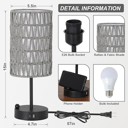 Touch Bedside Lamp For Bedroom with Bulb, Gray Boho Small Table Lamp For Living Room With Rattan & Linen Shade, 3 Way Dimmable Table Lamp For Nightstand With USB Charging Port & Phone Stand For Office