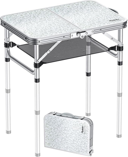 Anbte 2ft Camping Table Foldable, 3 Adjustable Heights 26.3" Aluminum Small Folding Table with Storage Net, Lightweight, Portable Handle for Travel Outdoor Beach Picnic, 23.2" x 16", Silver