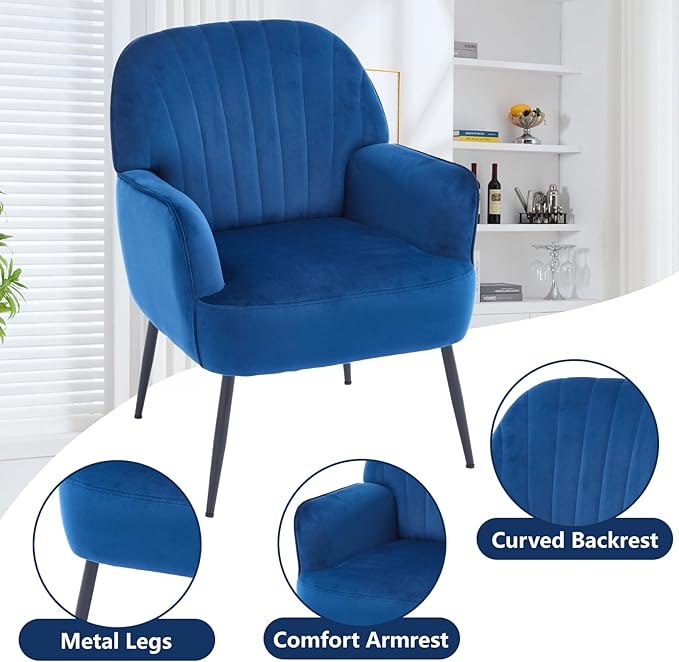 Velvet Accent Chair, Modern Upholstered Single Sofa Side Living Room Chair, Comfy Reading Armchair with Metal Legs for Bedroom, Waiting Room, Office and Cafe, Blue