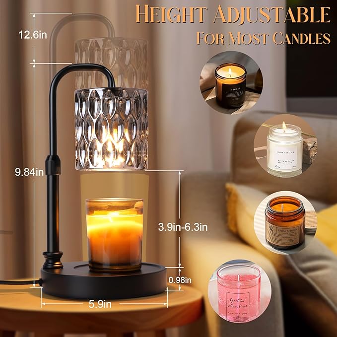 Crystal Candle Warmer Lamp with Timer &Dimmer, Adjustable Height Candle Wax Warmer Warming Lamp with 2x50W Bulbs for Scented Candles for Housewarming Bedroom Home Decor Mom Women