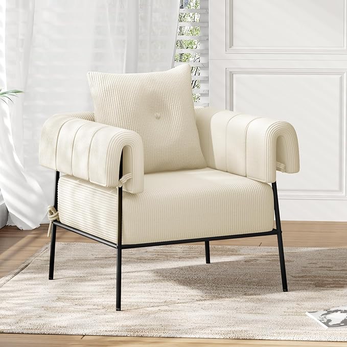 Furniliving Modern Accent Chairs Comfy Chairs with Pillow Lounge Chair Reading Chair for Living Room Upholstered Bedroom Arm Chair with Metal Frame, Armchair, Soft Cushion, Corduroy, Beige