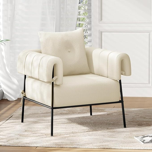 Furniliving Modern Accent Chairs Comfy Chairs with Pillow Lounge Chair Reading Chair for Living Room Upholstered Bedroom Arm Chair with Metal Frame, Armchair, Soft Cushion, Corduroy, Beige