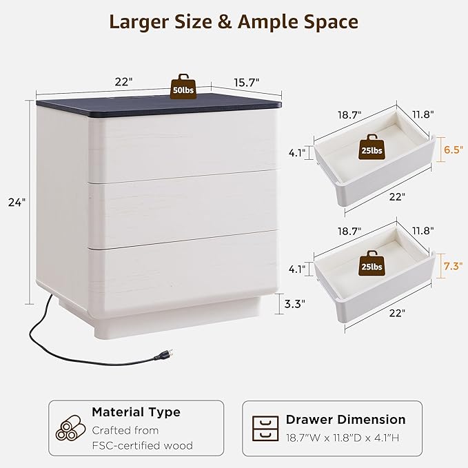 ACCOHOHO 22" Modern Nightstand Set of 2 with Charging Station, Push-to-Open 3 Drawers Bedside Table, Large End Table with Storage, Night Stand for Bedroom, Living Room, Curved Profile, Off White