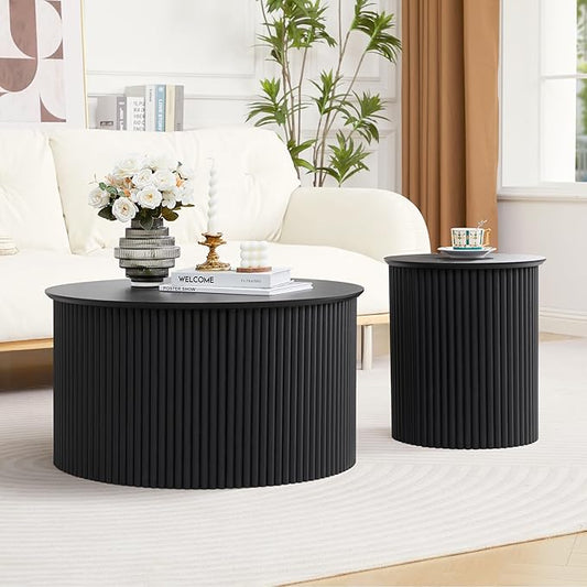 Fluted Round Nesting Coffee Table Set of 2, Mid Century Modern Wood Coffee Tables and End Table Set, Circle Side Table Minimalist Center Tables for Living Room, Office(Black)