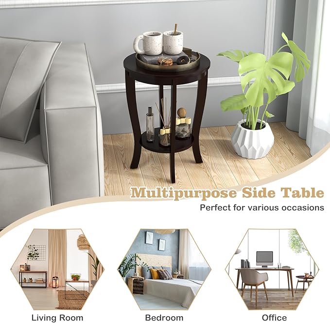 Giantex Round End Tables Set of 2, 2 Tier Side Table with Storage Shelf and Solid Wood Legs, 18" x 18" Accent Table for Corner Small Spaces, Compact Night Stand for Living Room Bedroom, Espresso