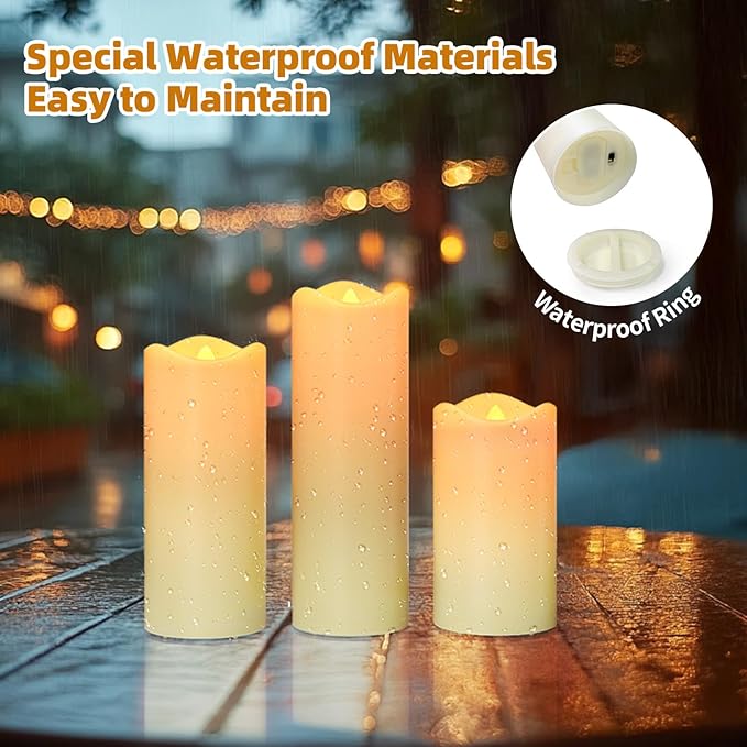 Flickering Flameless Candles, Realistic Battery Operated Candle with Timer, 6 AA Batteries Included, Set of 3 Outdoor Indoor Decor with 10-Key Remote LED Flameless Candles, Birthday Gifts for Him, Her