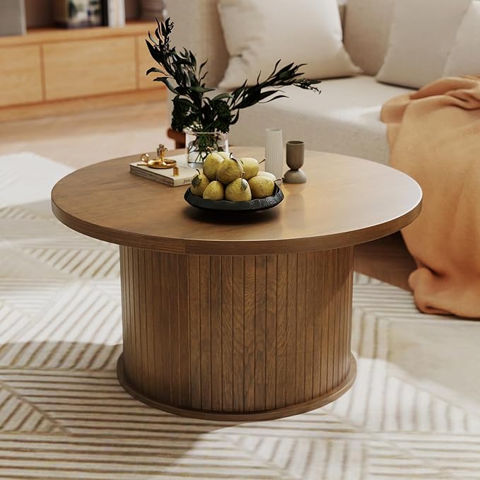 SoarFlash 31.5 Inch Fluted Coffee Table, Mid Century Modern Round Coffee Table, Center Table with Sliding Door and Wood Fluted Handle for Living Room, Brown