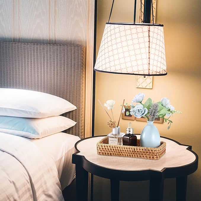 BTSKY Small Remote Basket for Coffee Table Entryway Living Room Rattan Serving Tray 8.3” x 4.7” Handwoven Wicker Baskets Decorative Tray for Wallet Remote Control Trinkets Rings Cosmetics Crackers