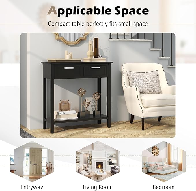 KOTEK Console Table with 2 Drawers & Shelf, Narrow Sofa Table with Rubber Wood Legs, Small Entryway Table for Living Room, Hallway, Office (Black)