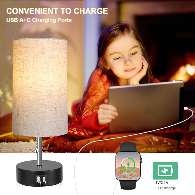 3-Color Temperature Bedside Lamp Nightstand Lamp with USB A Port and C Port, Table Lamp for Bedroom with LED Bulb Small Lamps for Living Room (Otmeal)