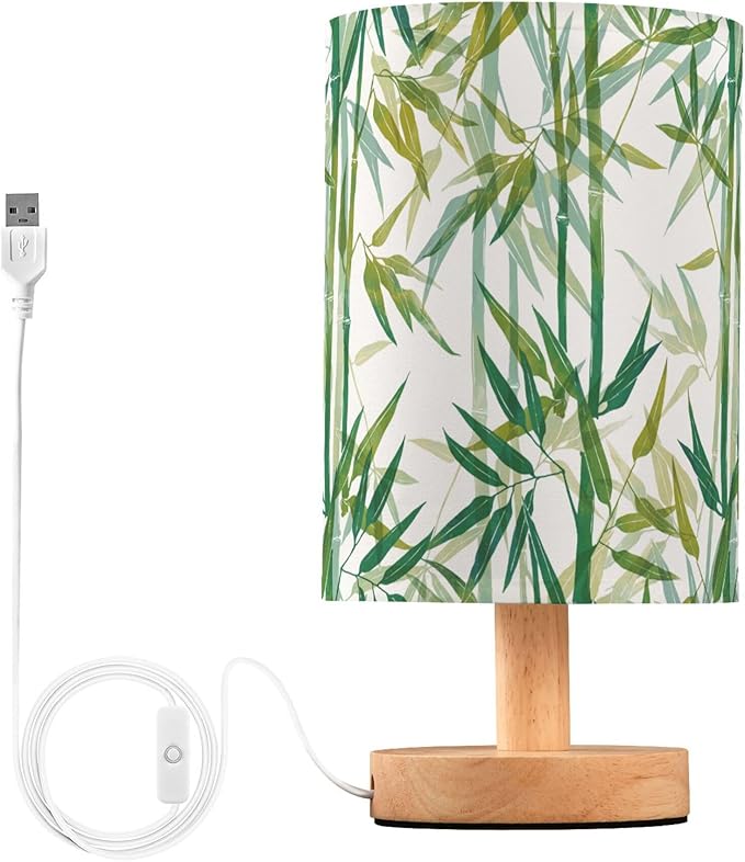 Table Lamp Green Bamboo Boho Design Nightstand Lamp with Wood Base Fabric Lamp Shade Bedside Desk Lamp for Living Room Bedroom Kids Room Office