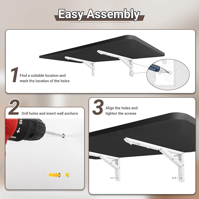 Wall Mounted Folding Table 31.5”L x 15.7”W, Laundry Folding Table with Heavy Duty Metal Collapsible Shelf Brackets, Wall Mounted Desk Fold Down for Small Spaces, Black